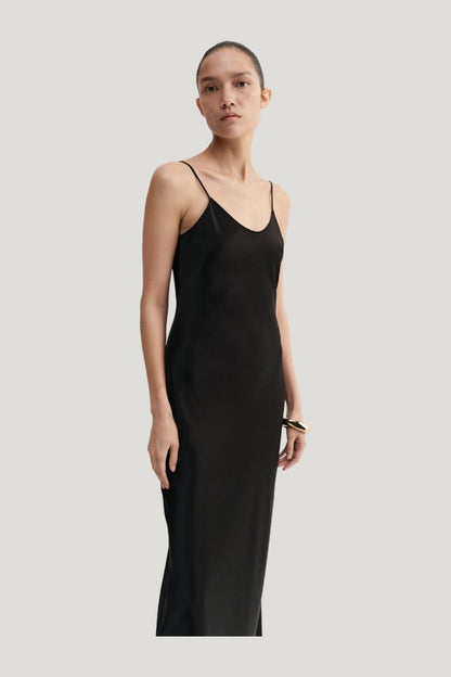Winona Satin Dress, — model side