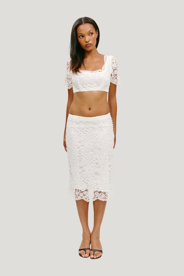x Paige Lorenze Honeymoon Lace Midi Skirt - Sunday Ceremony — model front