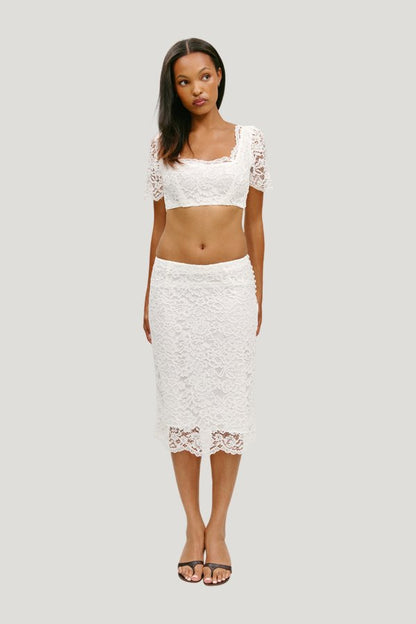 x Paige Lorenze Honeymoon Lace Midi Skirt - Sunday Ceremony — model front