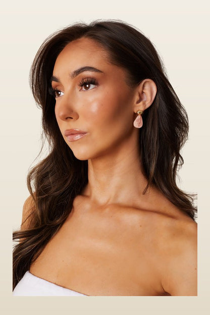 Yvette Pink Stone Drop Earrings — model back