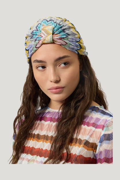 Zig zag viscose-blend lamé turban — model side